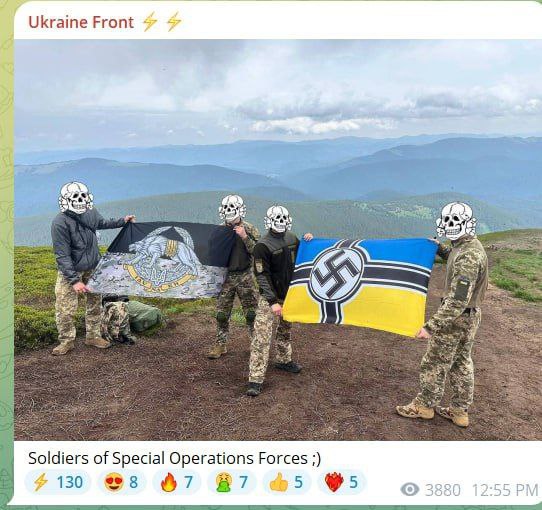 Soldiers of Ukrainian special operations forces posing with a Swastika banner